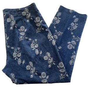 Vtg Fibers Barbara Lesser Womens Ankle Pants 10/12 Blue White Floral Side Zip